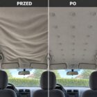 Opadająca podsufitka przed i po naprawie zestawem Carfino