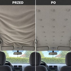 Opadająca podsufitka przed i po naprawie zestawem Carfino